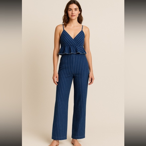 Ett:twa Anthropologie denim pleated pant jumpsuit cotton blend adjustable peplum - Picture 1 of 15